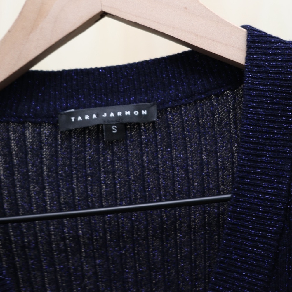 Tara Jarmon Metallic Ribbed‎ Cardigan Navy Small - Picture 2 of 4